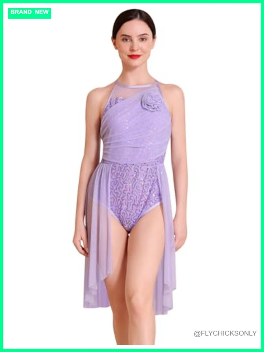 Sequin Flower Lyrical Dance Dress Asymmetrical Tulle Skirt Sleeveless